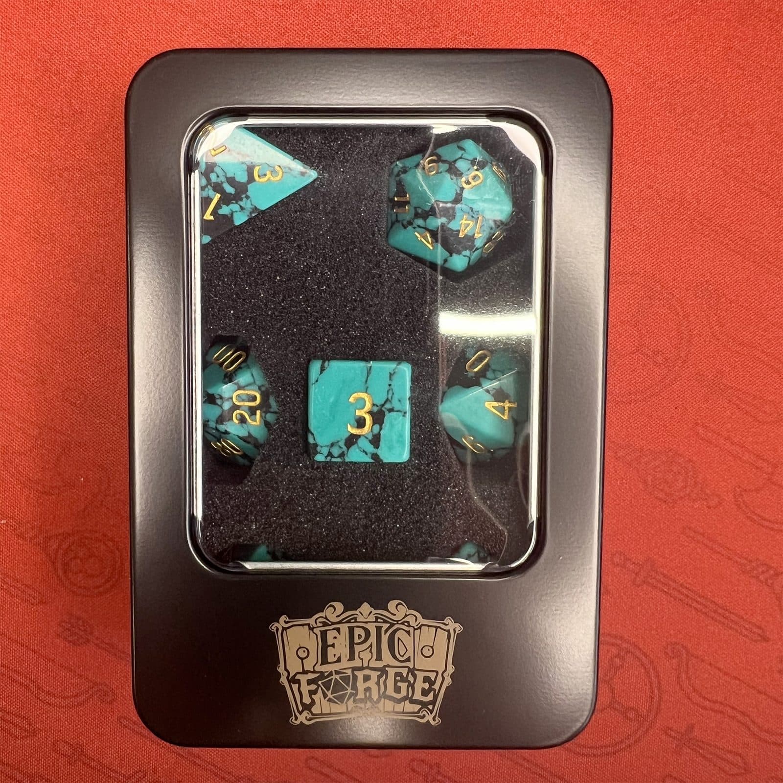 EPIC FORGE Semi Precious Stone Dice - Set of 7 dice with metal box - Synthetic - Black and - Trade Invaders 3701625907183